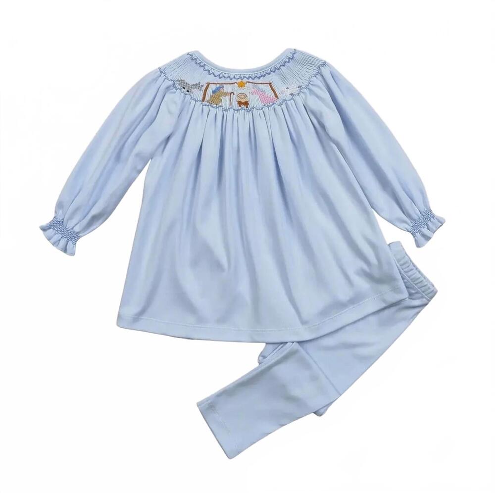 NEW BABY LOREN kid's nativity smocked pant set in blue